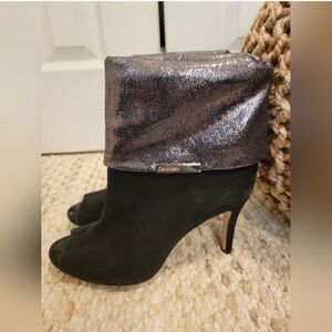 Calvin Klein Kaiya Open Toe Suede covertable boots/black and gunmetal-7.5